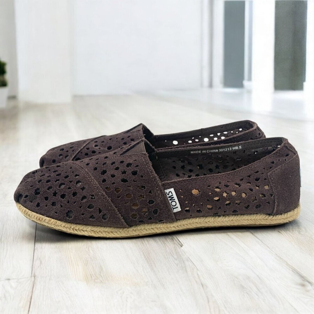Toms Women's Alpargata Brown Perforated Suede Leather Loafers Size W9.5 Like New
